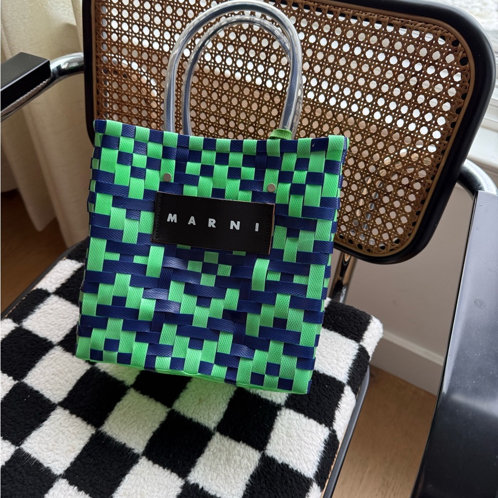 Marni Green and Blue Checkered market tote Bag